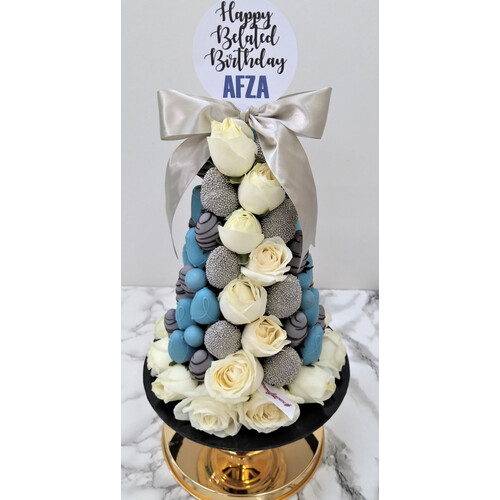 30cm Grey Blue with White Rose Strawberry Tower (Medium)